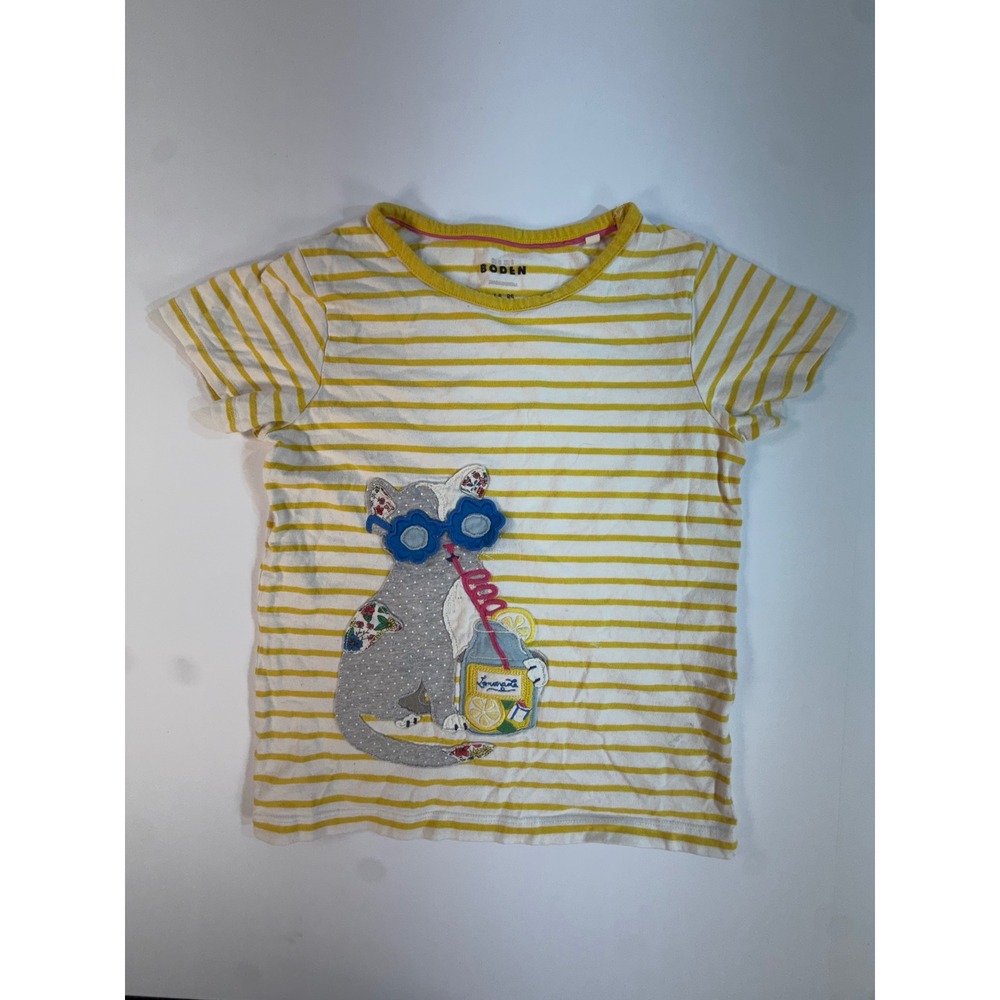 Mini Boden Girls Yellow Striped Cat Lemonade Applique T-Shirt Size 7-8Y